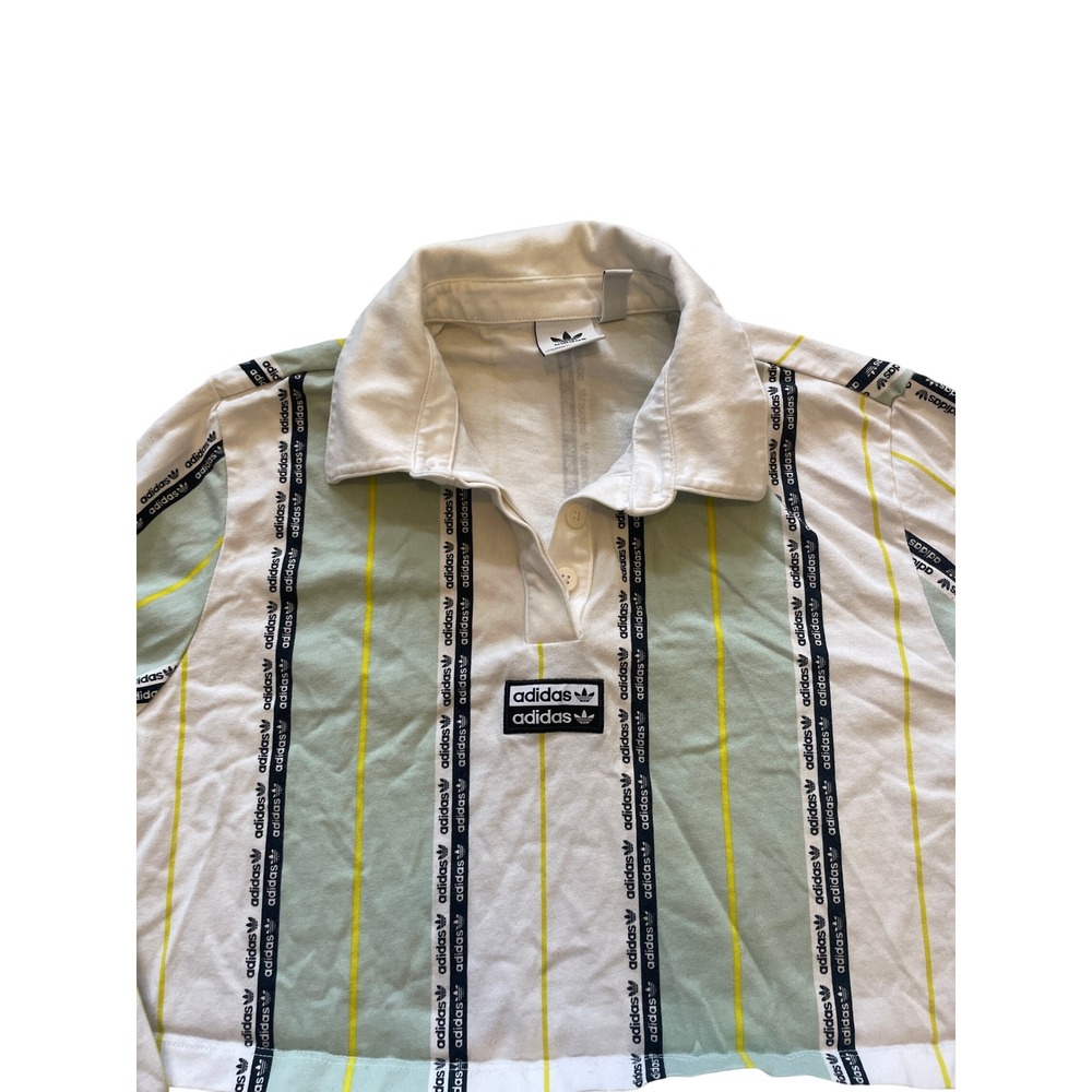 Cropped Long Sleeve Polo Shirt Striped Green White Size XS by Adidas Originals - Picture 3 of 5